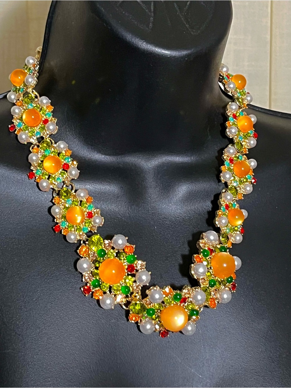 Victorian Style Orange Cabochon & Multi-Gem Statement Necklace NEW